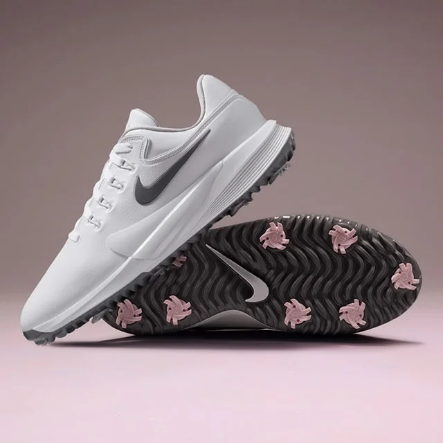 White and lilac Nike shoes.