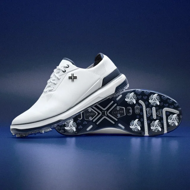 White athletic golf shoes on blue background