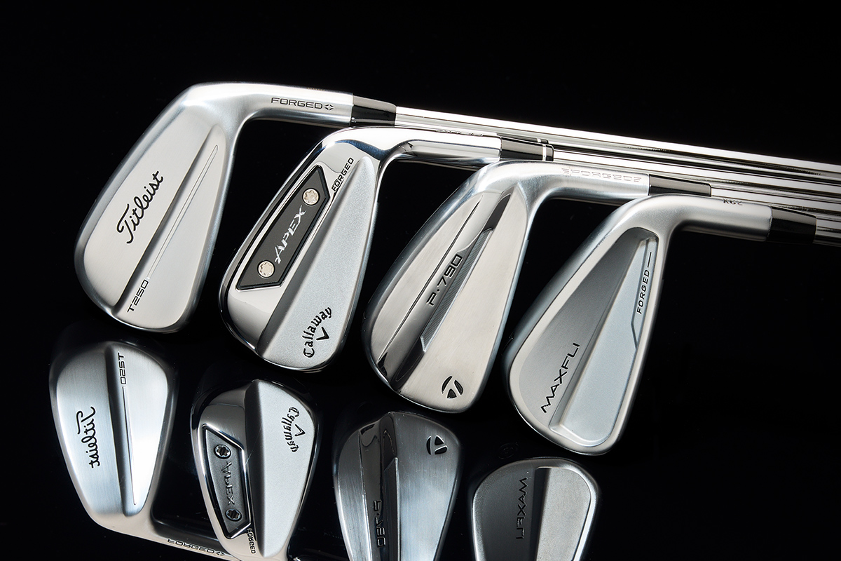 Assorted Golf Irons with Brand Logos.